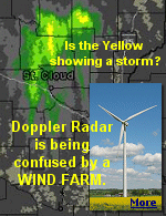 This weather radar image shows echoes from wind turbines near St. Cloud, Minnesota. To the untrained eye, these echoes can be mistaken for showers or thunderstorms.